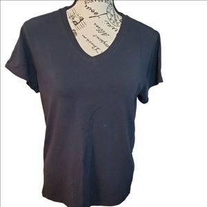 Blue Mountain Navy Blue V Neck Short Sleeve Top Medium